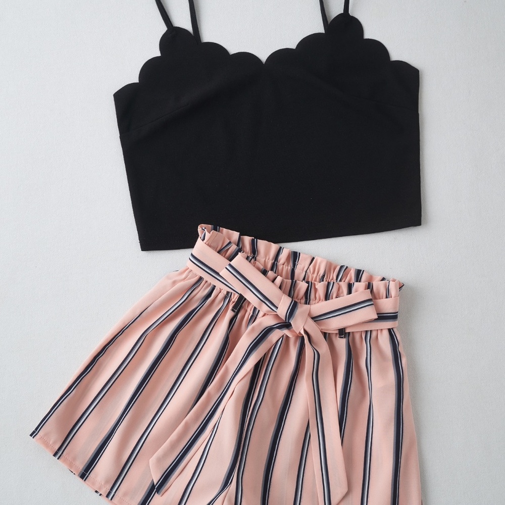 Shein Scallop Cami Top With Striped Belted Shorts